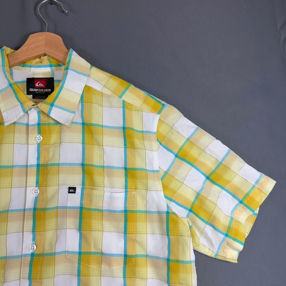 QUIKSILVER Mens Medium Plaid Polo Shirt Yellow Teal White Short Sleeve Casual